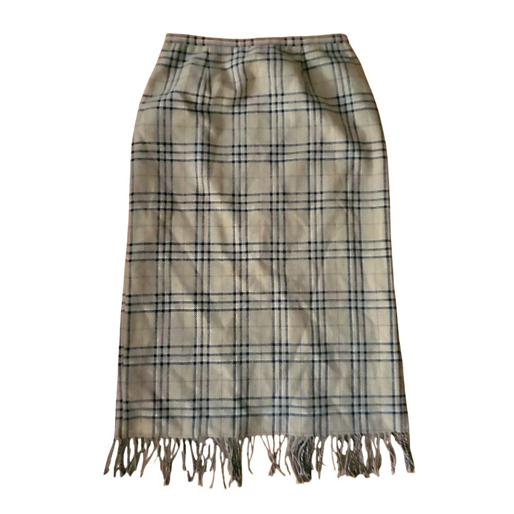 Vintage Sag Harbor Plaid Fringe Midi Skirt Tan Size‎ 14 Wool Blend Casual Career